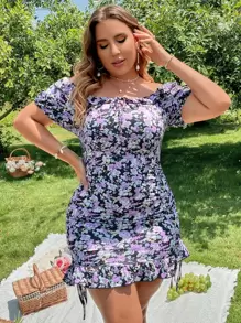 Dreamara Đầm Plus Size Thắt nút Viên lá sen Hoa Tất cả trên in Boho - Màu tím - Xem 1