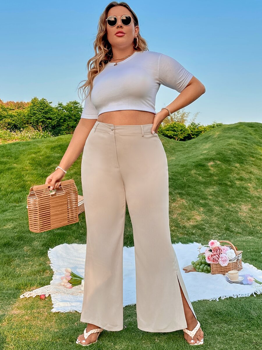 Plus Split Hem Zip Fly Trousers - Apricot - View 1