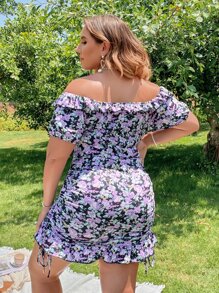 Dreamara Đầm Plus Size Thắt nút Viên lá sen Hoa Tất cả trên in Boho - Màu tím - Xem 2