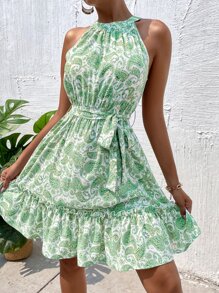 SHEIN Unity 佩斯利印花腰帶荷葉邊掛脖洋裝 - 彩色 - 查看 3