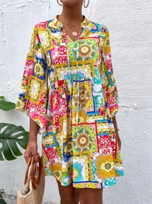 SHEIN Unity 圍巾印花v領連衣裙 - 彩色 - 查看 3