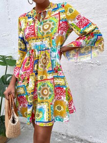 SHEIN Unity 圍巾印花v領連衣裙 - 彩色 - 查看 4