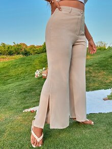 Plus Split Hem Zip Fly Trousers - Apricot - View 3