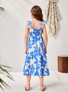 Girls 1pc Allover Floral Print Shirred Dress - Blue and White - View 2