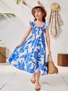 Girls 1pc Allover Floral Print Shirred Dress - Blue and White - View 1