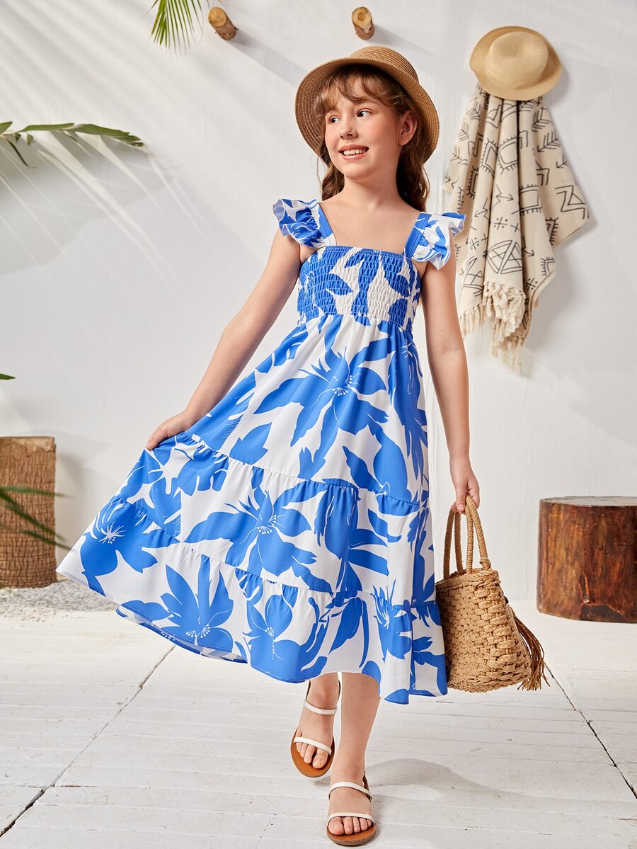 Girls 1pc Allover Floral Print Shirred Dress - Blue and White - View 1