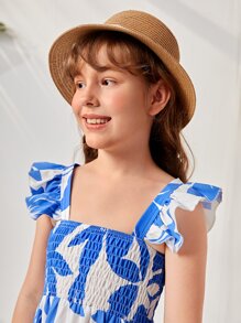 Girls 1pc Allover Floral Print Shirred Dress - Blue and White - View 5