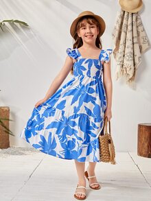 Girls 1pc Allover Floral Print Shirred Dress - Blue and White - View 6