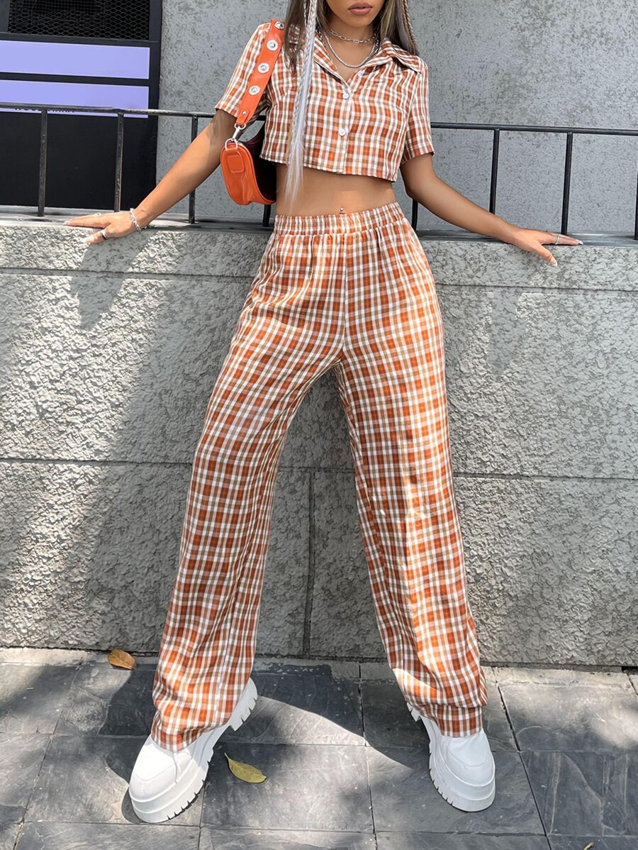 SHEIN Unity Bộ đồ hai mảnh nữ Nút phía trước Sọc ca rô Sẵn sàng - Nhiều màu - Xem 1