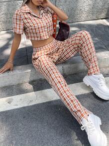 SHEIN Unity Bộ đồ hai mảnh nữ Nút phía trước Sọc ca rô Sẵn sàng - Nhiều màu - Xem 3