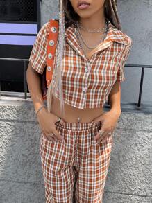 SHEIN Unity Bộ đồ hai mảnh nữ Nút phía trước Sọc ca rô Sẵn sàng - Nhiều màu - Xem 4