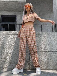 SHEIN Unity Bộ đồ hai mảnh nữ Nút phía trước Sọc ca rô Sẵn sàng - Nhiều màu - Xem 5