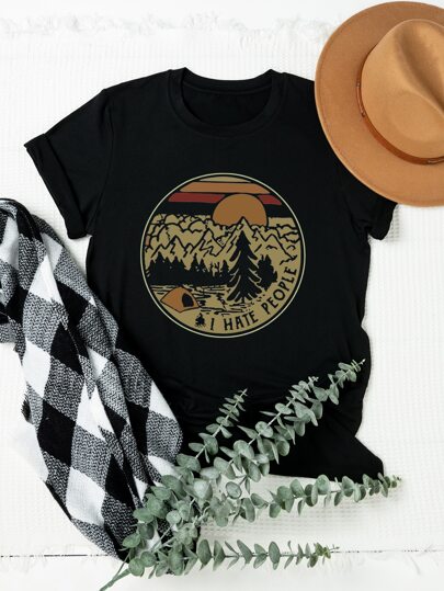 تي شيرت شعار مع أشجار طباعة مقاس كبير