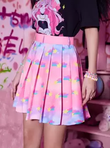 ROMWE Kawaii Star Print Colorblock Pleated Skirt - Multicolor - View 4