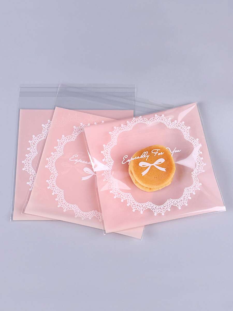 100个装花卉图案饼干包装袋,情人节派对,家居装饰,家居礼品 - 粉色 - 查看 1