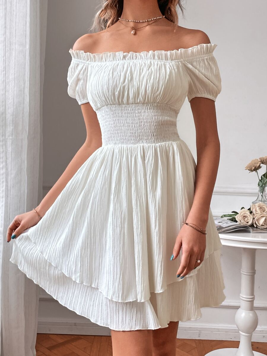 Breezaya Off Shoulder Frilled Shirred Waist Puff Sleeve Layered Hem Milkmaid Dress Vacation Beach Outfits Women