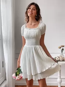 Breezaya Off Shoulder Frilled Shirred Waist Puff Sleeve Layered Hem Milkmaid Dress Vacation Beach Outfits Women