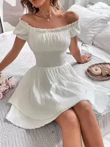 Breezaya Off Shoulder Frilled Shirred Waist Puff Sleeve Layered Hem Milkmaid Dress Vacation Beach Outfits Women