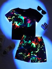 SHEIN Leap Crew Young Boy Reflective Splash Ink Print Tee & Shorts - Multicolor - View 1