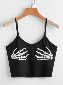 ROMWE Goth Top De Tirantes Corto Con Gráficos De Esqueleto - Negro - Ver 3