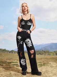 ROMWE Goth Top De Tirantes Corto Con Gráficos De Esqueleto - Negro - Ver 4