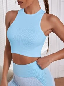 Yoga Basic Seamless Solid Racer Back Crop Sports Tank Top - Baby Blue - View 3