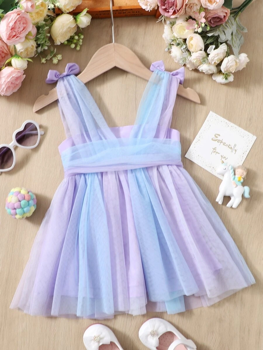 SHEIN Baby Bow Shoulder Ombre Mesh Party Dress - Multicolor - View 1