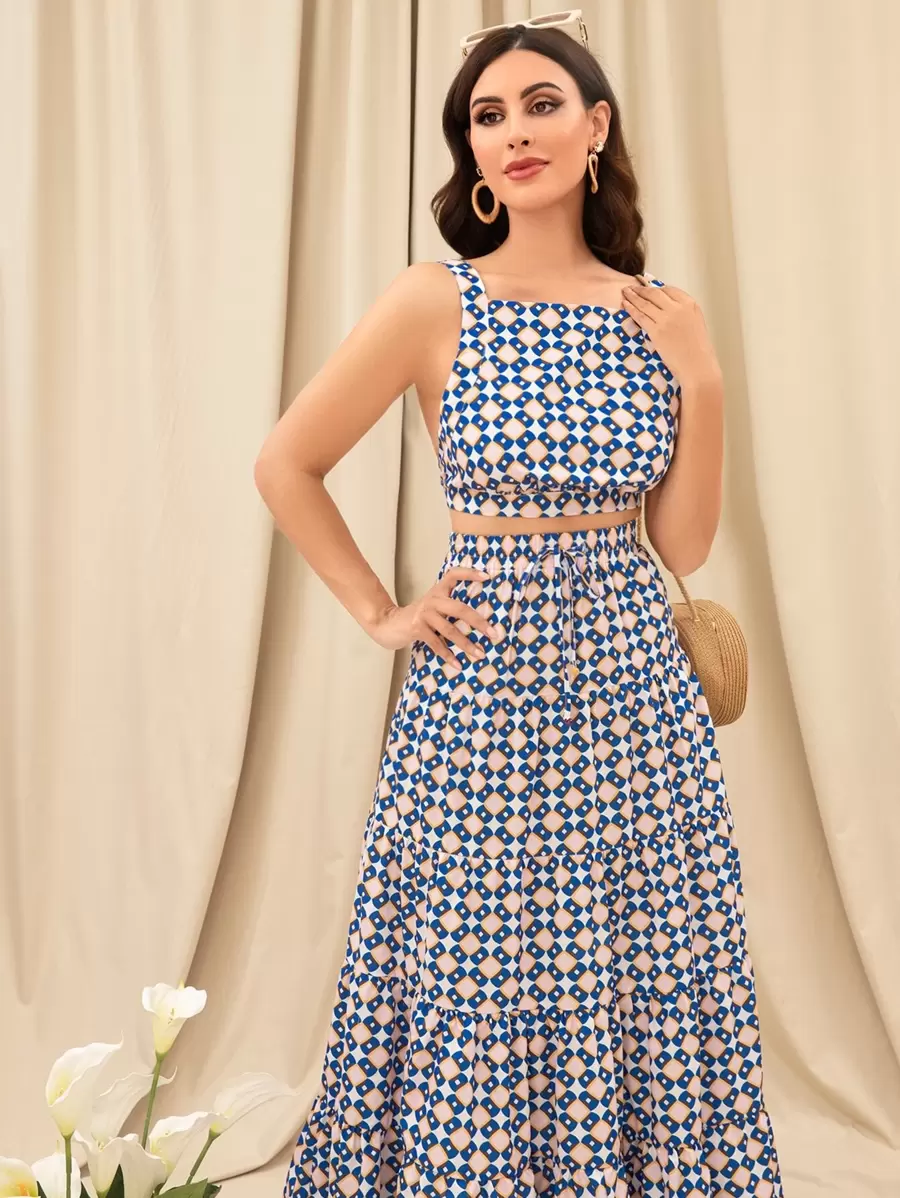 Aveloria con estampado geométrico con cordón trasero Top de tirantes & bajo con fruncido Falda - Multicolor - Ver 1