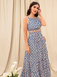 Aveloria con estampado geométrico con cordón trasero Top de tirantes & bajo con fruncido Falda - Multicolor - Ver 5