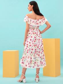 Modelyn Off Shoulder Allover Floral Print Contrast Lace Ruffle Hem Dress - Multicolor - View 2