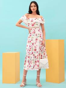 Modelyn Off Shoulder Allover Floral Print Contrast Lace Ruffle Hem Dress - Multicolor - View 3