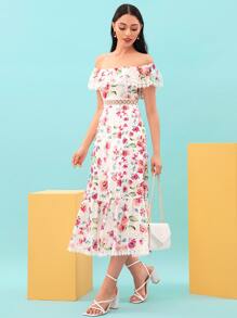 Modelyn Off Shoulder Allover Floral Print Contrast Lace Ruffle Hem Dress - Multicolor - View 5