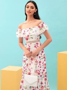 Modelyn Off Shoulder Allover Floral Print Contrast Lace Ruffle Hem Dress - Multicolor - View 6