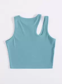 INAWLY Chất rắn Cắt bỏ vai Đồ đan Ribbed Áo ba lỗ Cho mùa hè - Màu xanh Cadet - Xem 2