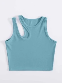 INAWLY Chất rắn Cắt bỏ vai Đồ đan Ribbed Áo ba lỗ Cho mùa hè - Màu xanh Cadet - Xem 5