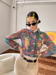 SHEIN ICON Floral Print Crop Denim Jacket - Multicolor - View 3