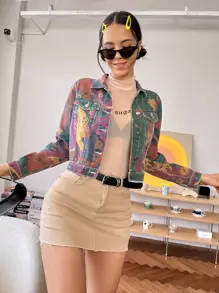 SHEIN ICON Floral Print Crop Denim Jacket - Multicolor - View 5