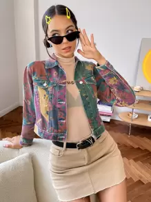 SHEIN ICON Floral Print Crop Denim Jacket - Multicolor - View 6