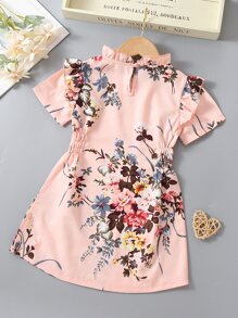 Toddler Girls Floral Print Ruffle Trim Shirred Dress - Baby Pink - View 2