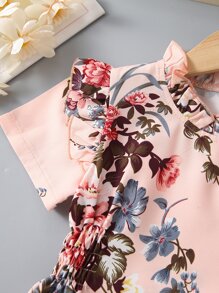 Toddler Girls Floral Print Ruffle Trim Shirred Dress - Baby Pink - View 3