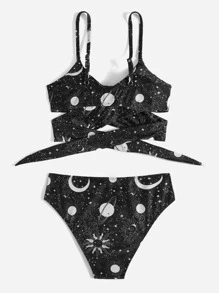 SHEIN Swim Summer Beach Galaxy Print Bikini Set Criss Cross Wireless Bra Top & Cheeky Bikini Bottom 2 Pieces Bikini - Black - View 2