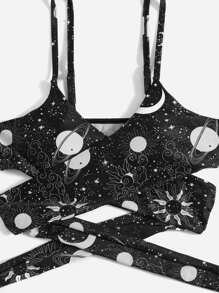 SHEIN Swim Summer Beach Galaxy Print Bikini Set Criss Cross Wireless Bra Top & Cheeky Bikini Bottom 2 Pieces Bikini - Black - View 3