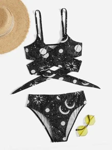 SHEIN Swim Summer Beach Galaxy Print Bikini Set Criss Cross Wireless Bra Top & Cheeky Bikini Bottom 2 Pieces Bikini - Black - View 5