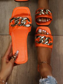 Sandalias de tiras para mujer de nueva llegada para verano/otoño, con hebilla de metal versátil, punta cuadrada, planas y cómodas - Naranja - Ver 2