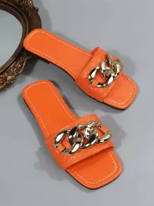 Sandalias de tiras para mujer de nueva llegada para verano/otoño, con hebilla de metal versátil, punta cuadrada, planas y cómodas - Naranja - Ver 6