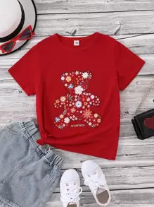 SHEIN Tween Girl Letter & Floral Print Tee - Red - View 1