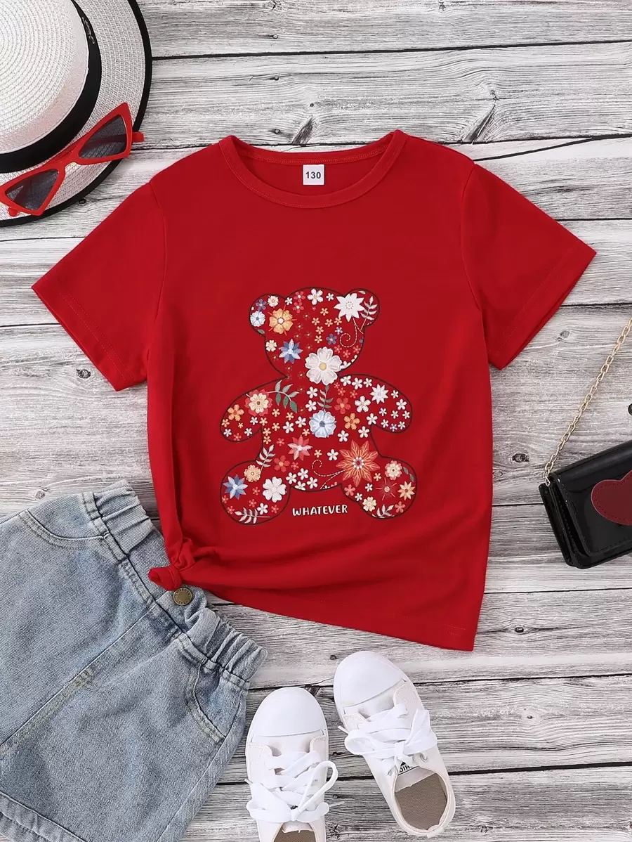 SHEIN Tween Girl Letter & Floral Print Tee - Red - View 1