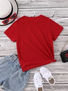 SHEIN Tween Girl Letter & Floral Print Tee - Red - View 2