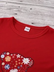 SHEIN Tween Girl Letter & Floral Print Tee - Red - View 3