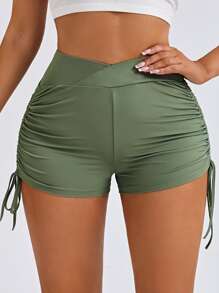 SHEIN SXY Shorts con cordón fruncido doblado - Verde militar - Ver 2